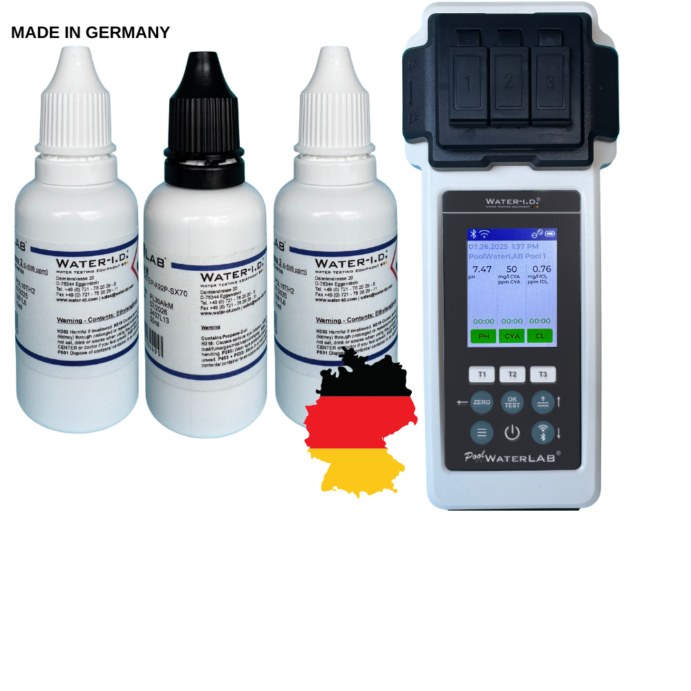 Digital photometer from PoolWaterLab analyzing pool sample