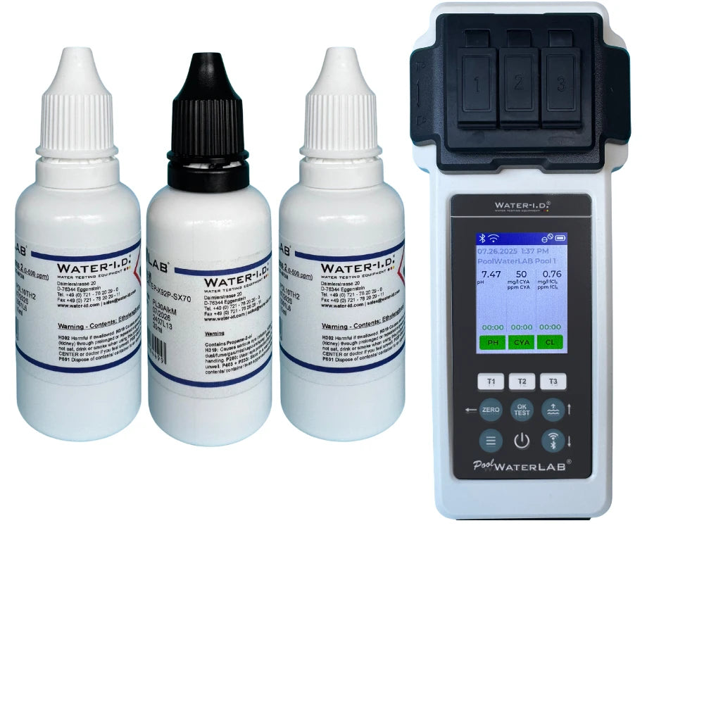 Digital photometer from PoolWaterLab analyzing pool sample