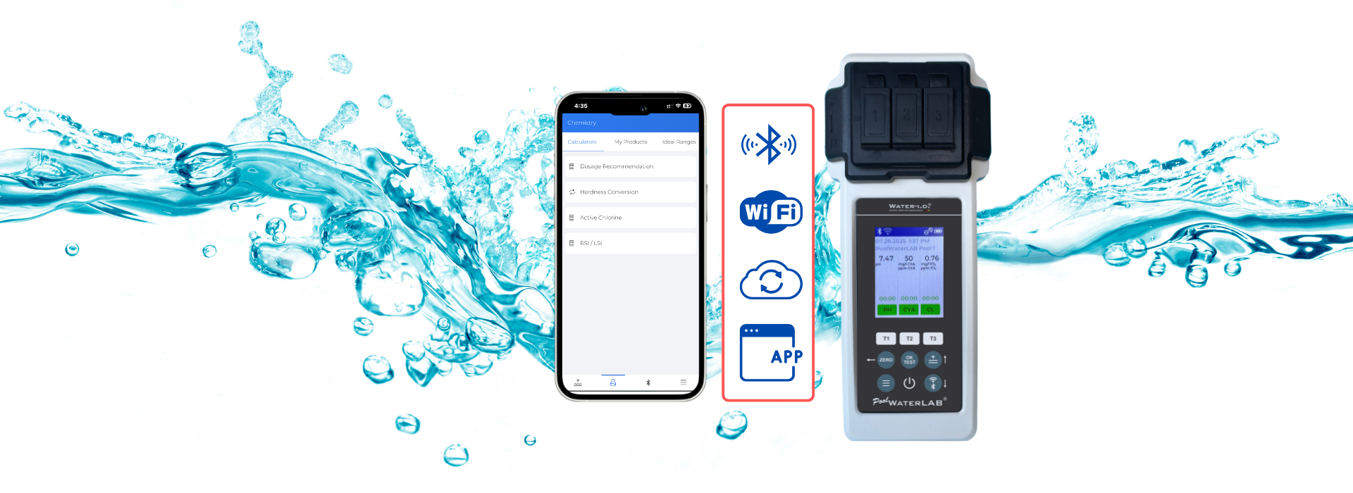 PoolLab digital pool water tester in use near a swimming pool