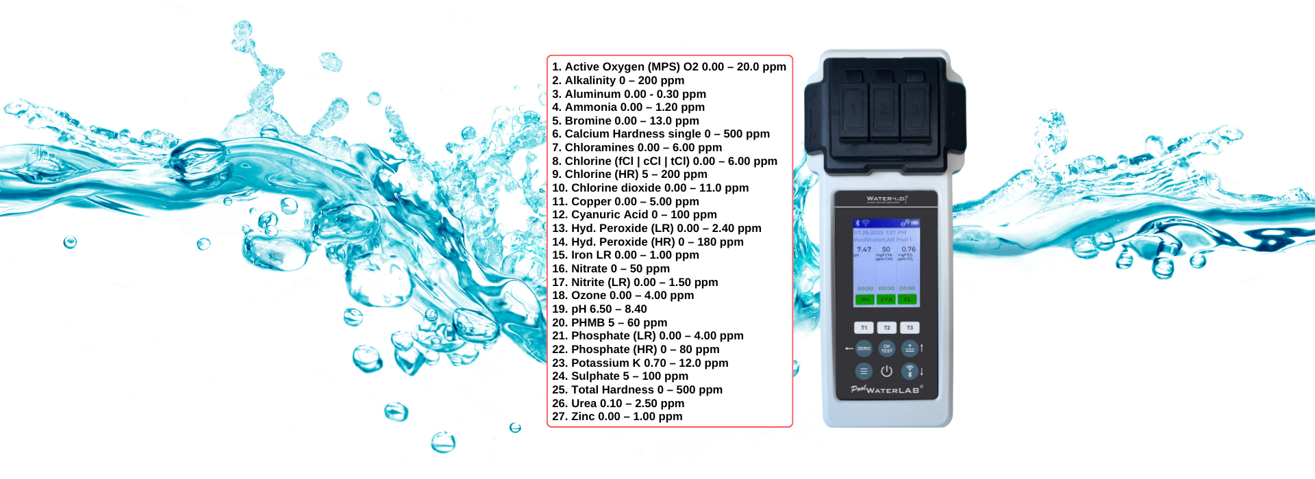 Hands holding PoolLab digital tester for swimming pool water