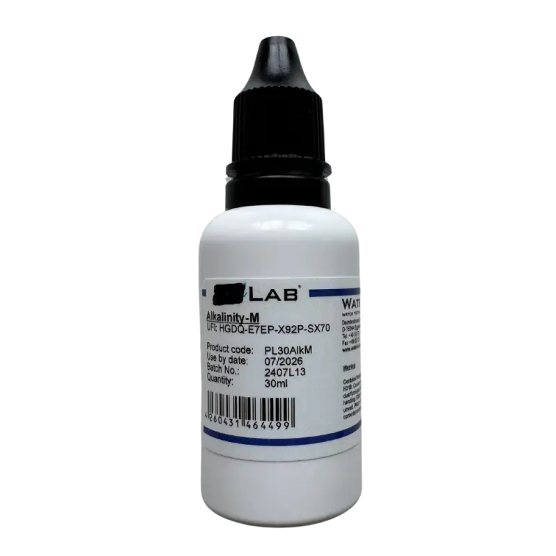 Bottle of alkalinity test solution.