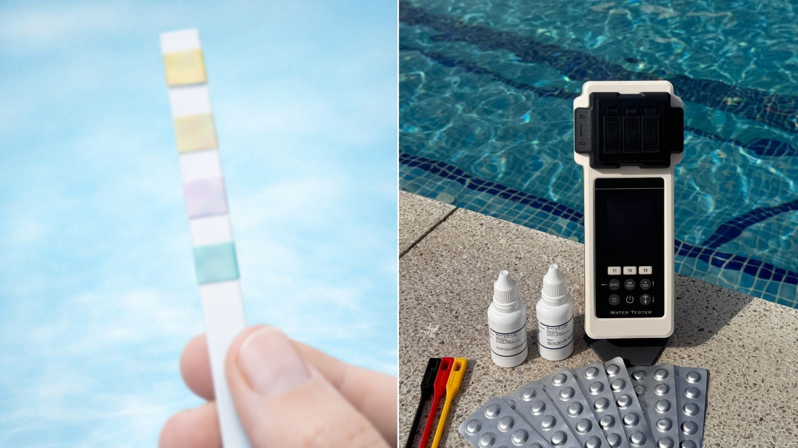 Comparison of pool test strips and digital photometer showing inaccurate chlorine readings at high cyanuric acid levels