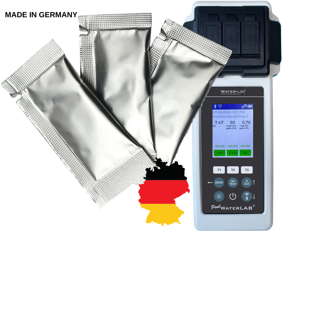 PoolWaterLab pool water tester showing digital results