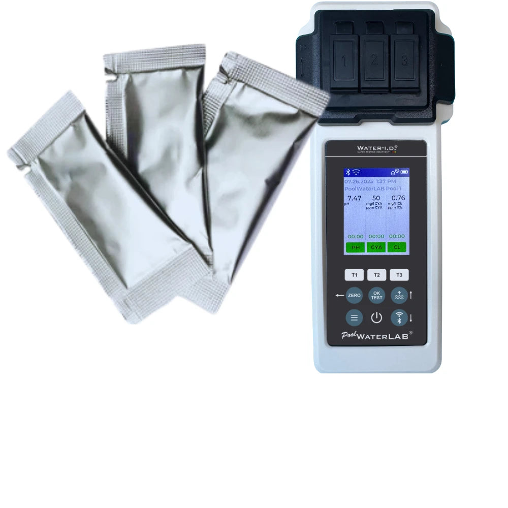 PoolWaterLab pool water tester showing digital results