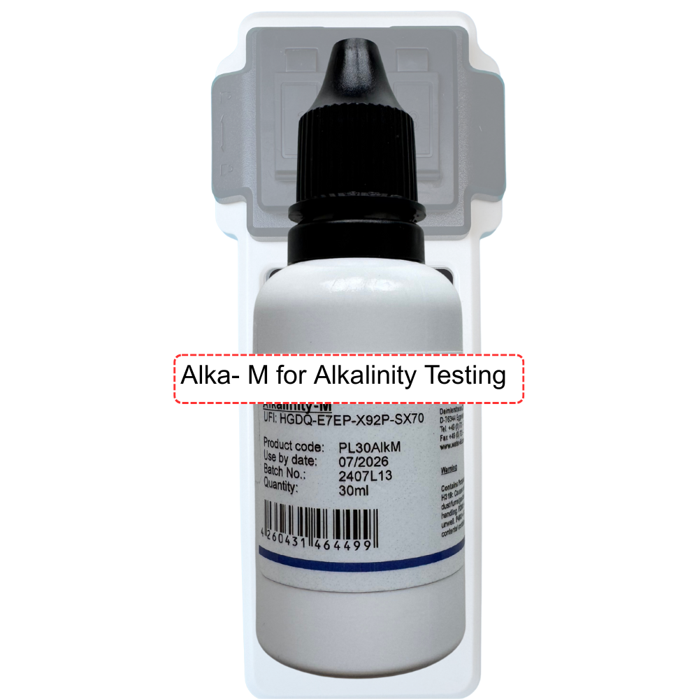 Bottle of Alka-M for Alkalinity Testing with dropper on a white background