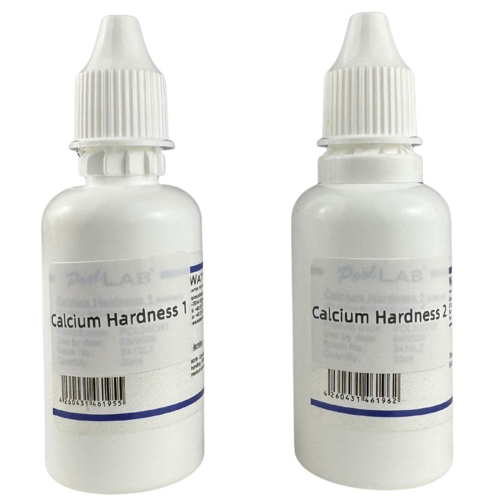 Calcium hardness liquid reagent bottles for pool water testing.