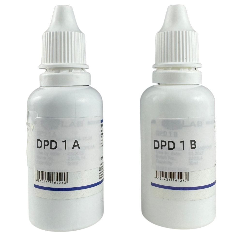 DPD 1A and DPD 1B liquid reagent bottles for free chlorine testing.