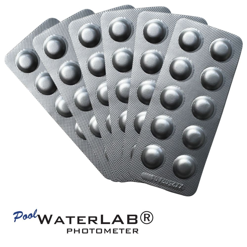 PoolWaterLAB Free Chlorine reagent tablets (50) for pool photometer testing, compatible photometer test setup