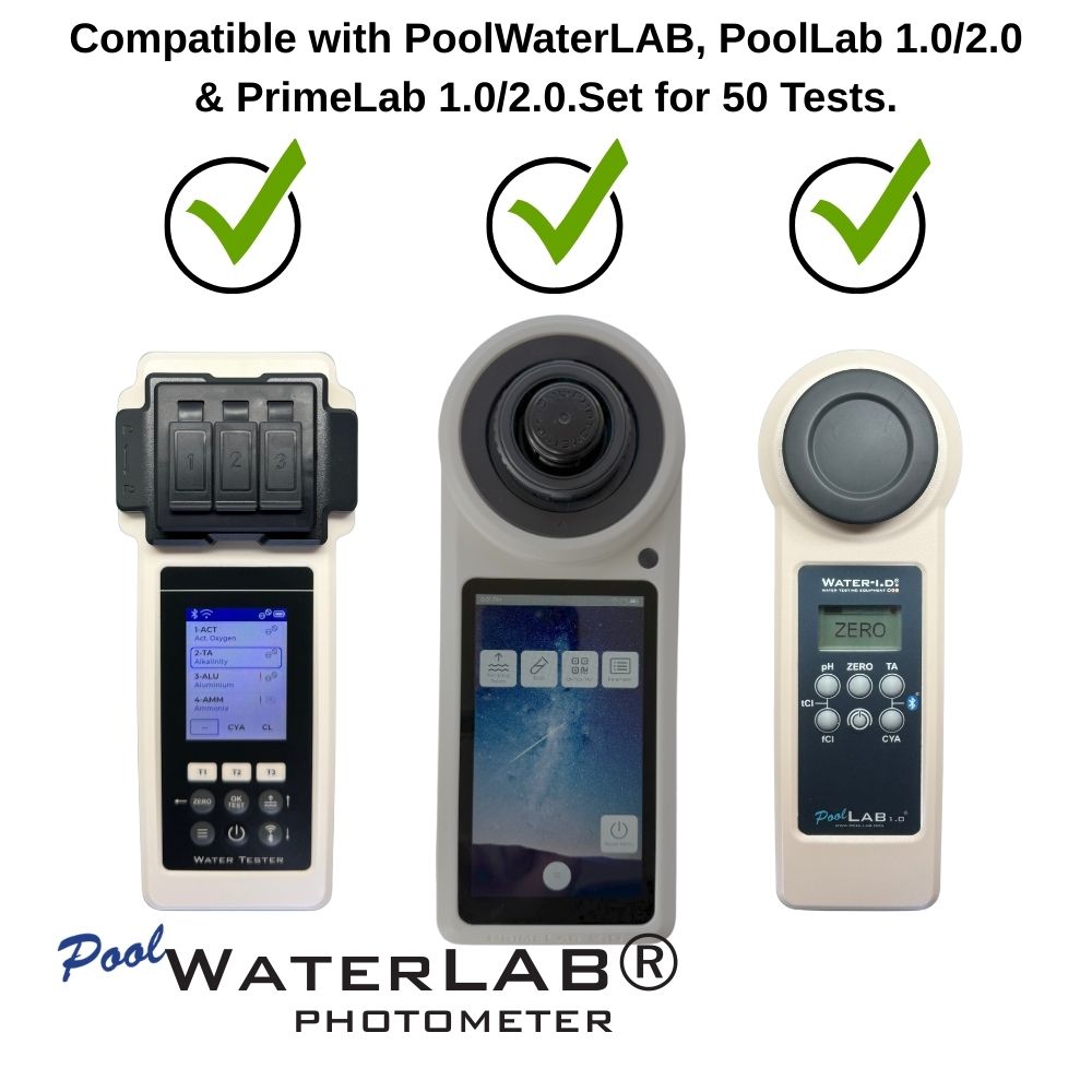 PoolWaterLAB Free Chlorine reagent tablets (50) for pool photometer testing, back label with product details