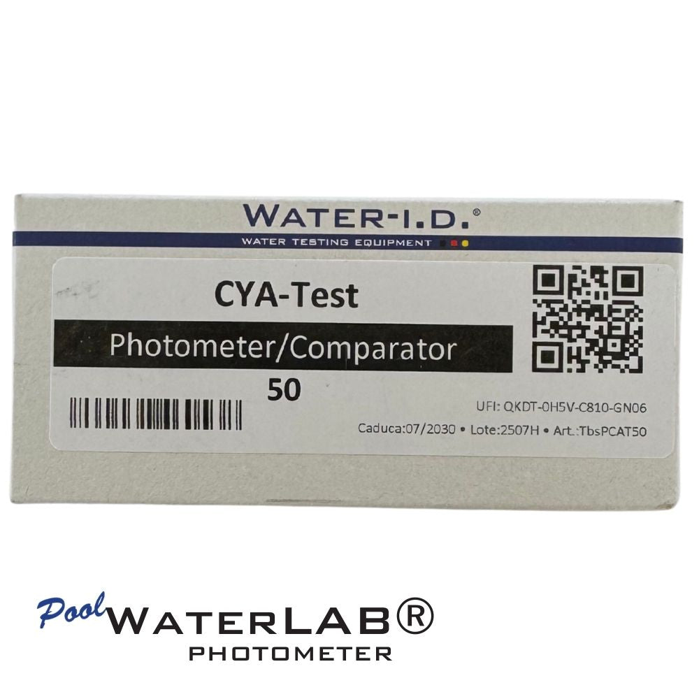 PoolWaterLAB Cyanuric Acid (CYA) reagent tablets (50) for pool photometer testing, front of pack