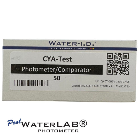 PoolWaterLAB Cyanuric Acid (CYA) reagent tablets (50) for pool photometer testing, front of pack