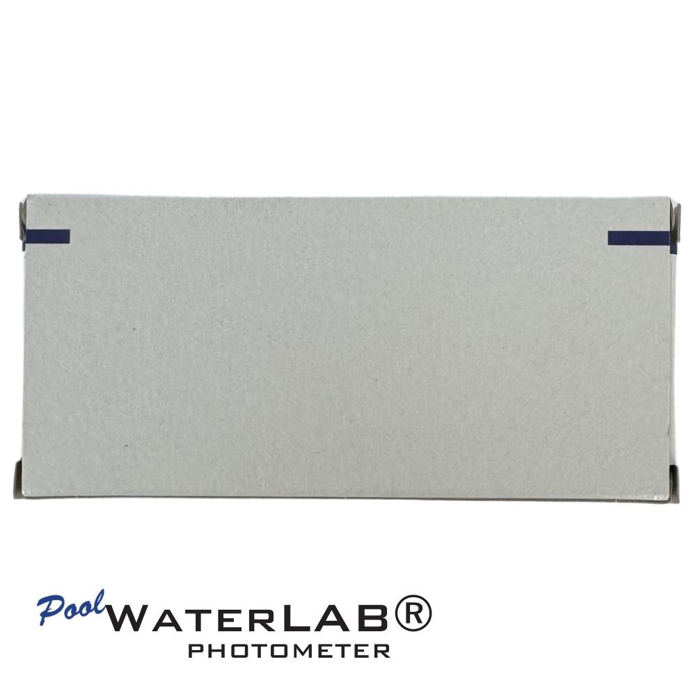 Back label of PoolWaterLAB pH reagent tablets (50 count) showing product details and handling info