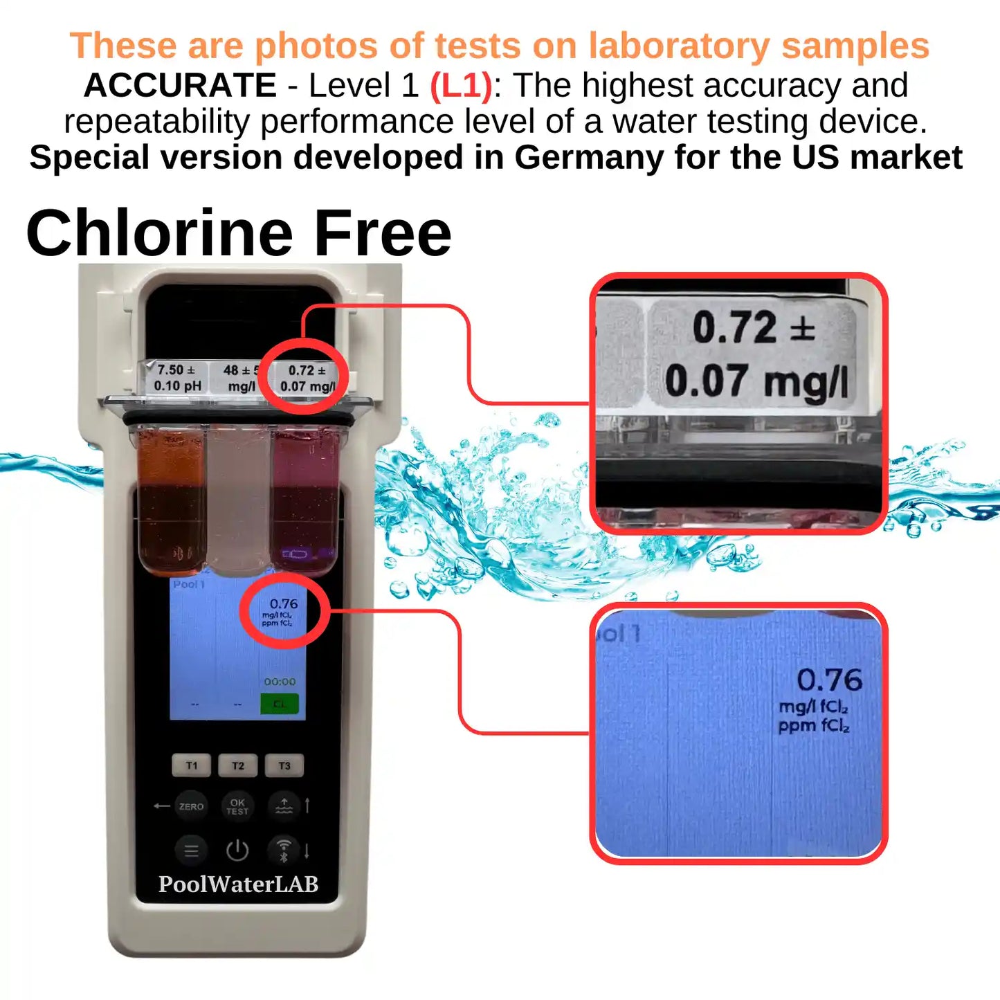 Free chlorine test result measured on a laboratory water sample.
