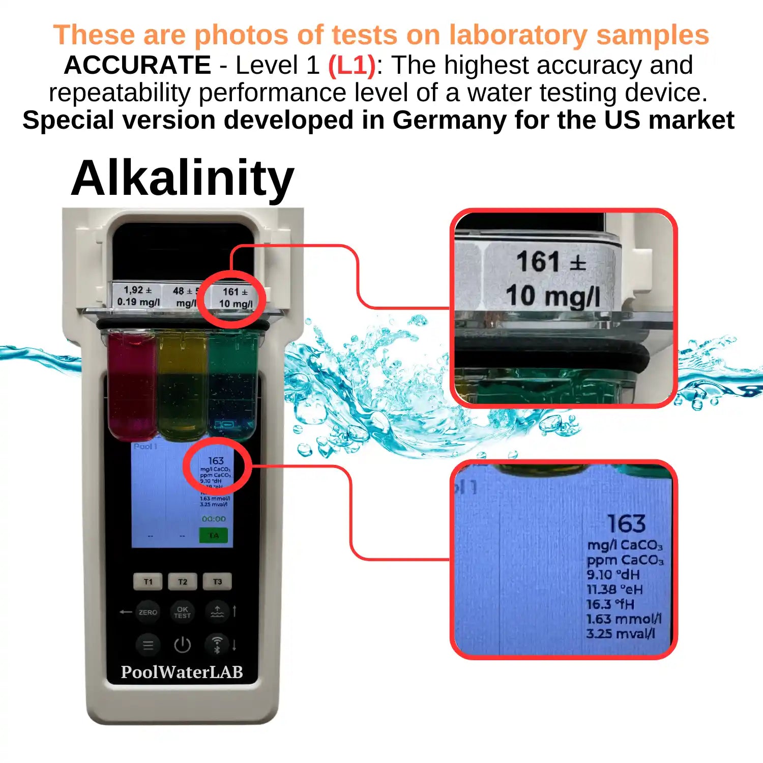 Total alkalinity test result shown in ppm CaCO3 on the display.
