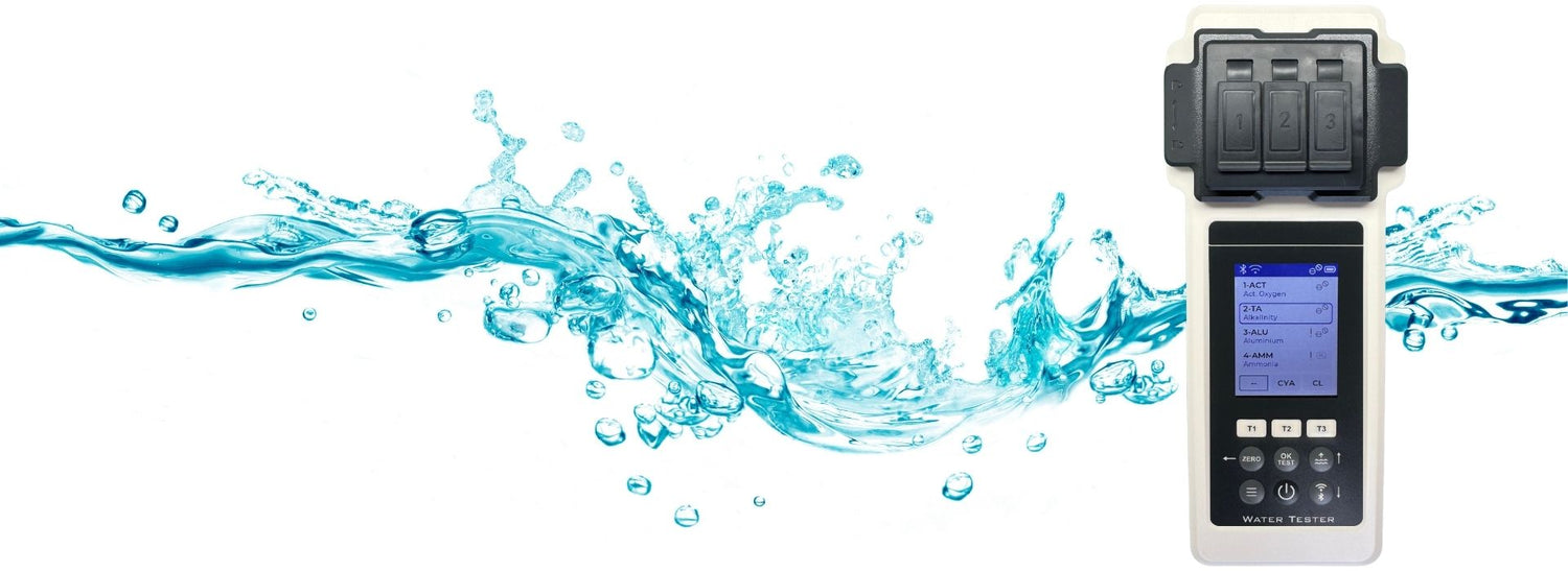 Water quality meter with water splashes on a white background