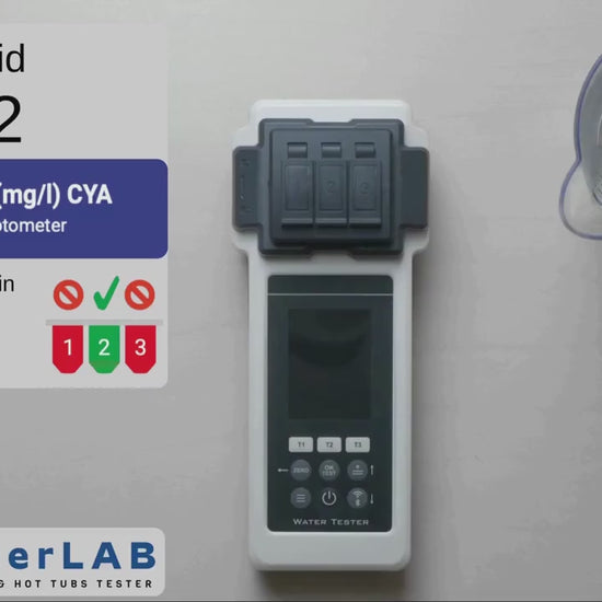 Video tutorial showing how to test Cyanuric Acid (CYA) using a pool photometer and reagent tablets
