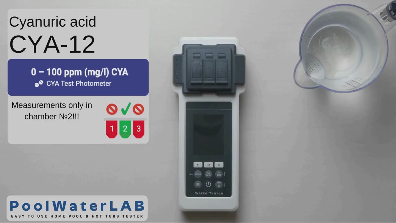 Video tutorial showing how to test Cyanuric Acid (CYA) using a pool photometer and reagent tablets
