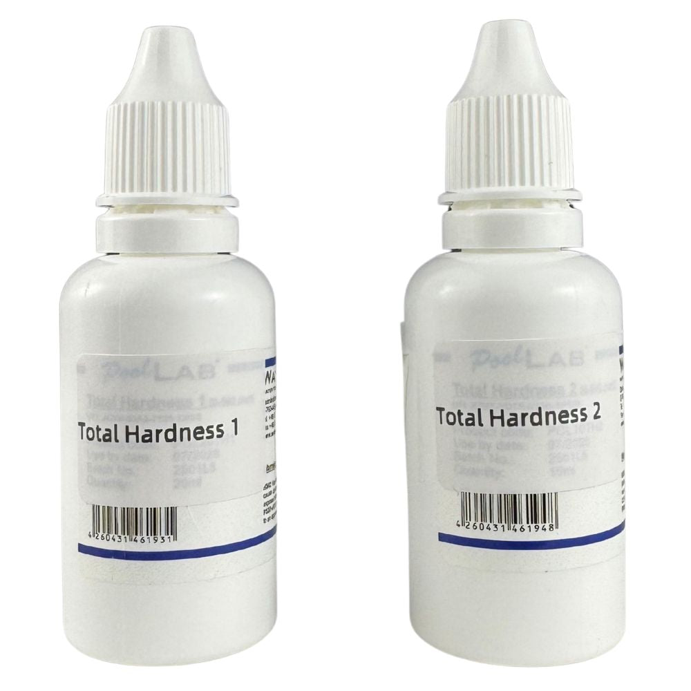 Total hardness liquid reagent bottles for water hardness testing.