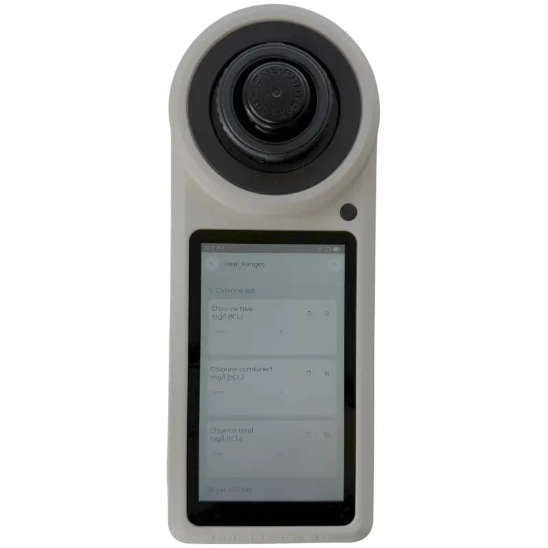 Handheld electronic device with a circular lens at the top and a rectangular screen below.