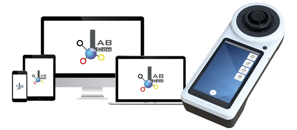 Handheld device with a camera and touchscreen display alongside various electronic devices showing a logo.